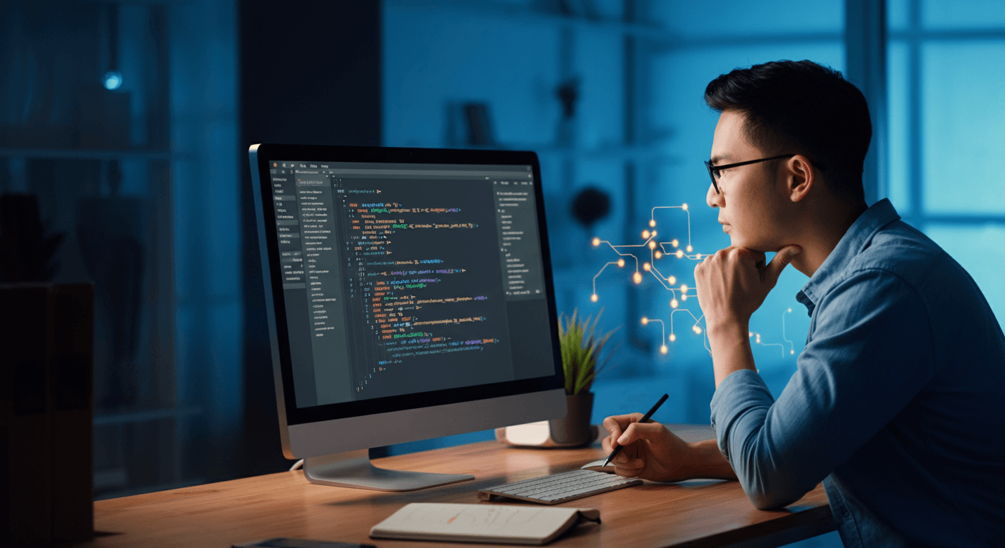 A developer carefully reviewing AI-generated code on a large monitor, with annotations visible on screen