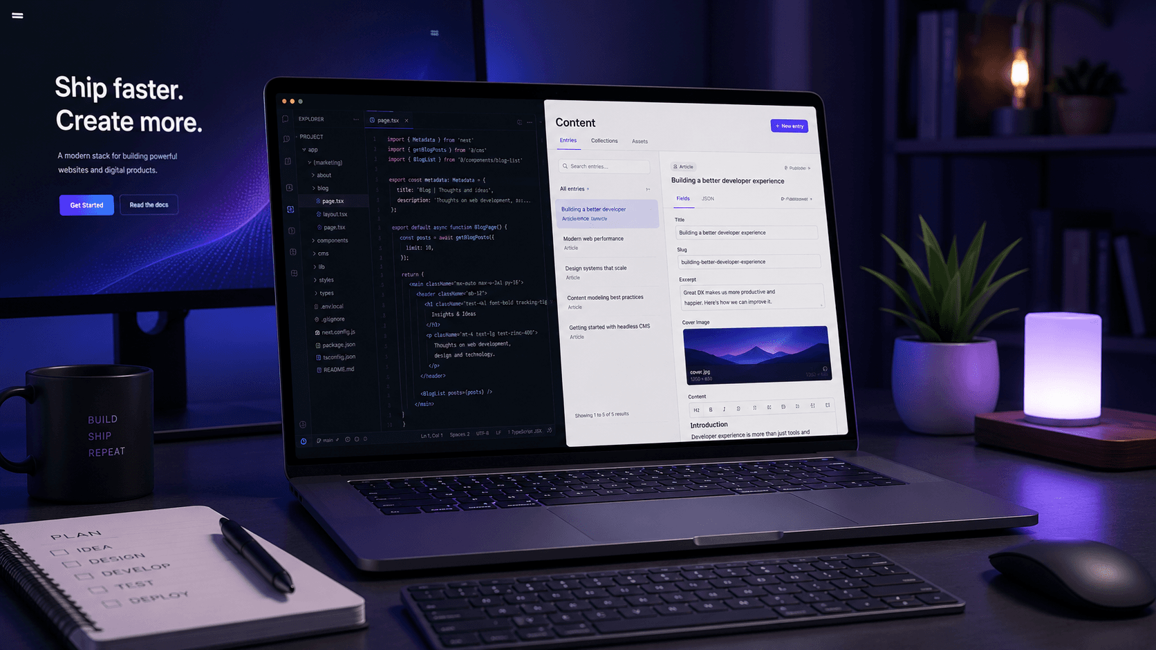 Modern developer workspace showing a Next.js and Sanity CMS website dashboard