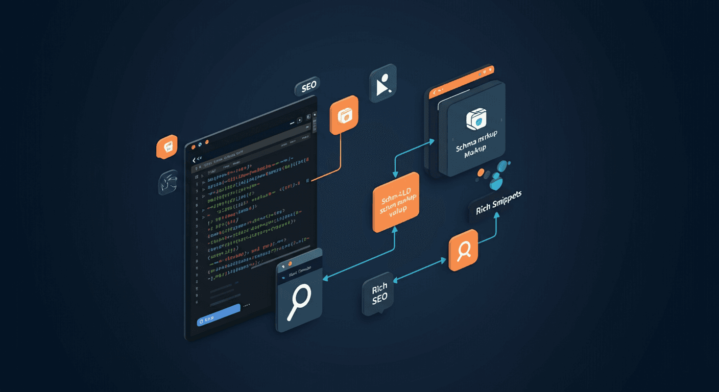 Diagram showing JSON-LD schema markup structure for a Next.js blog article with code editor and rich snippet preview