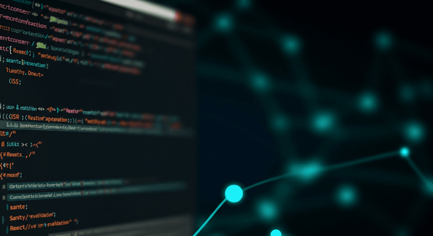 Dark-themed code editor displaying Next.js App Router code with glowing syntax highlighting, representing ISR and on-demand revalidation with Sanity live preview